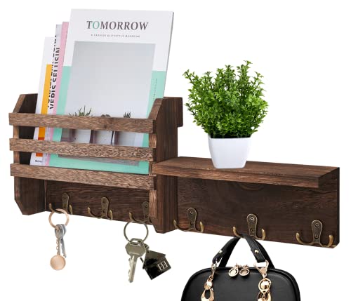 Fine Living Key Holder for Wall Decorative, 2 Pcs Wood Key Mail Holer with 6 Vintage Key Hooks, 2-in-1 Rustic Key Rack for Dog Leash, Mail Organizer with Shelf for Entryway Office