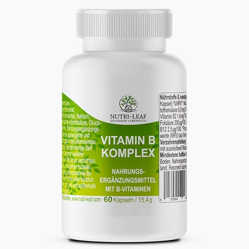 Vitamin B Komplex hochdosiert mit B12 B6 Folsäure B1 und allen 8 B Vitaminen für Energie Nerven geistige Leistung ohne unnötige Zusatzstoffe Kapseln Made in Germany von NUTRI LEAF