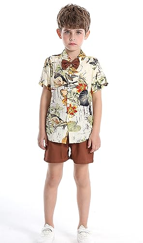Image of Toddler Baby Boy Summer Clothes Set Floral Shirt Bow-tie Shorts Hawaiian Outfit