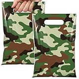 Funrous 100 Pcs Camo Party Gift Bags Green Camouflage Birthday Party Favor Goodie Bags Military Plastic Candy Totes for Veterans Army Baby Shower Birthday Decorations Supplies