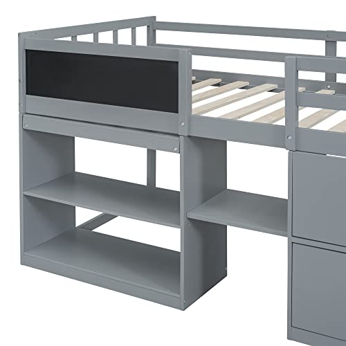 Citylight Twin Size Low Loft Bed With Storage, Kids Loft Bed With Small Rolling Desk & Chalkboard,Two Shelves And Two Drawers,Wooden Twin Loft Bed For Girls Boys Bedroom,Grey #TOP7