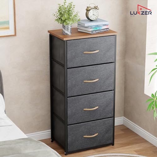 Image of Lukzer Fabric Chest of 4 Drawers Closet Drawer Organizer for Wardrobe | Fabric Drawer Storage for Closet Living Room /Bedroom Metal Storage Bookshelf Organizer (MMR-002 /Black & Oak Brown) - 45x30x93cm