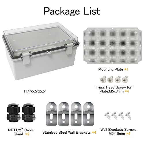 Hohaing Junction Box Ip65 Waterproof Abs Plastic Enclosure Hinged Pc Clear Cover Electrical Project Box With Mounting Plate, Wall Brackets, Cable Glands 11.4" X 7.5" X 5.5"(290 * 190 * 140) #TOP3