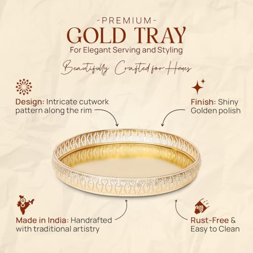 Image of Design Decor Gallery Round German Golden Plated Tray|Round Decorative Tray|Best Gift for Pooja| Decor| Diwali |Anniversary |House Warming Birthday (Pack of 1) Size: 8x8 Inches,Design 3