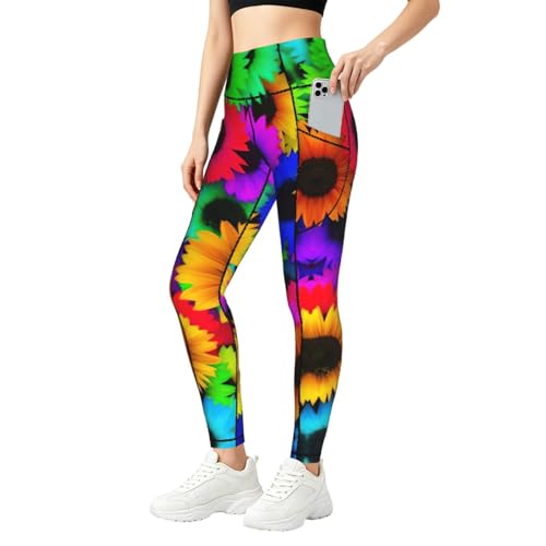 Leggings con estampado de girasol arcoíris para mujer con bolsillos prácticos