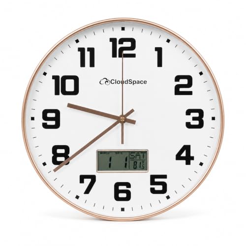 Image of Cloud Space 12 inch Silent Wall Clock Battery Operated, Non Ticking Modern Wall Clock with LCD Calendar & Fahrenheit Temperature Display, Easy-to-Read Kitchen Bedroom Office Living Room Wall Clock