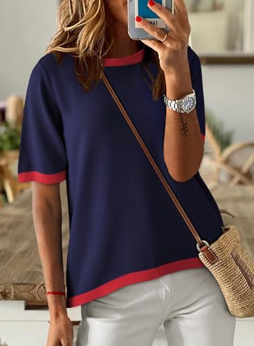 Image of Dokotoo Womens Tops 2026 Casual Summer Crewneck Short Sleeve Striped Color Block Knit High Low Trendy Pullover Sweaters