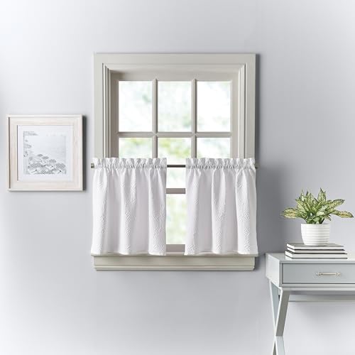 DKNY Chrysanthemum Kitchen Curtains Window 2-Piece Cafe Tiers Set Floral, Rod Pocket, 24-inch Tier Pair, White