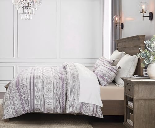 Image of SLEEPBELLA Boho Chic Striped King Size Duvet Cover Set - 100% Cotton with Button Closure in White and Purple