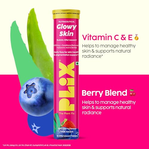 Image of The Plant Fix Plix Glutathione Effervescent Tablets for Clear, Glowing & Youthful Skin | 600mg Glutathione, Vit E & Hyaluronic Acid | No Maltodextrin, No Sugar | Strawberry
