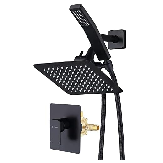 G-Promise All Metal Shower Faucet Set, Dual Square Shower Head System with Handheld Wand & Rainfall Showerhead, Diverter, Hose Complete Combo, Pressure Balance Rough-in Valve Included