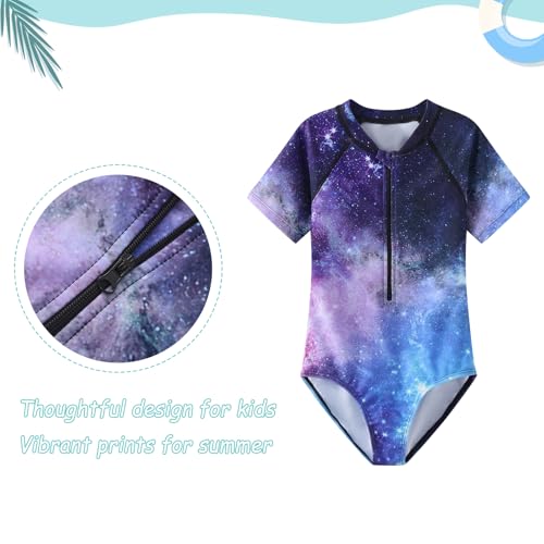Girls One Piece Rash Guard Swimsuits for Girl Short Sleeve Bathing Suits with Front Zipper Sun Protection Swimwear 3-16 Years3