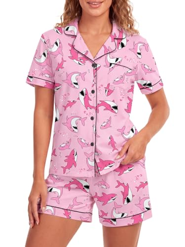 LYANER Women's Heart Print Pajamas Sets Cartoon Pink Large