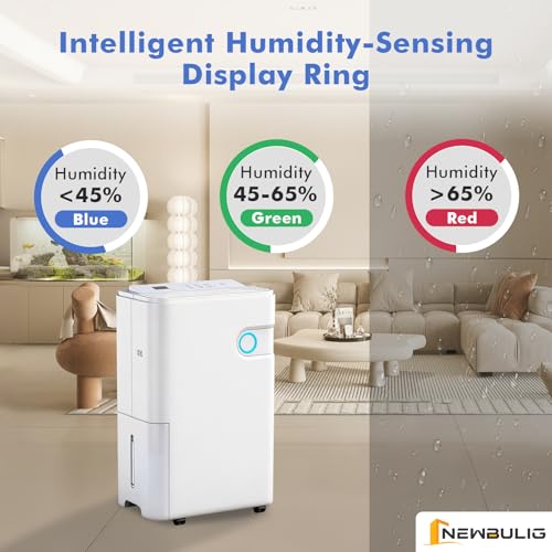 Image of NEWBULIG 80Pints Dehumidifier with Drain Hose, 5,500 Sq.Ft Dehumidifier for Basement, 1.32 Gallon Tank, Low 42dB, Smart Humidity Ring, Ideal Whole House Humidity Remover for Home, Bedroom & Bathroom