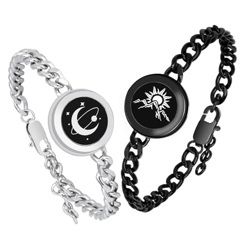 Long Distance Touch Bracelets,Vibration & Light up Remote Smart Matching Couples Bracelet for Couple Long Distance Relationship Girlfriend Boyfriend Xmas Valentine's Day Gifts Black Silver Jewelry Set