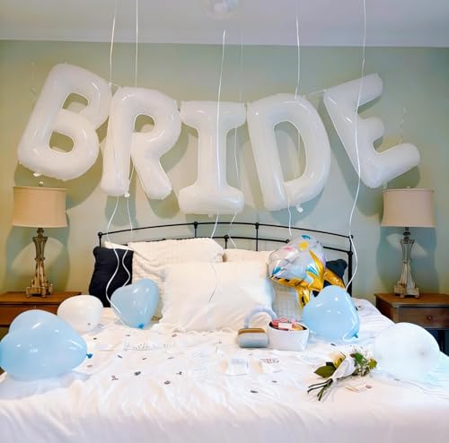 Image of 40inch Bride Balloons White Letters Banner, Bachelorette Party Decorations Set with Diamond Ring Champagne Bottle Balloon Glass Foil Balloon for Bachelorette Engagement Wedding Bridal Shower Decor