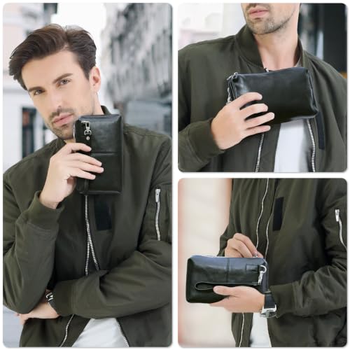Image of Top Grain Genuine Leather Clutch Wallet with Wristlet for Man & Woman, Handmade Simple Retro Vintage Design, Multi Pockets & Card Slots, RFID Large Capacity for Cards /ID /Checks /Banknote /Phone, Black