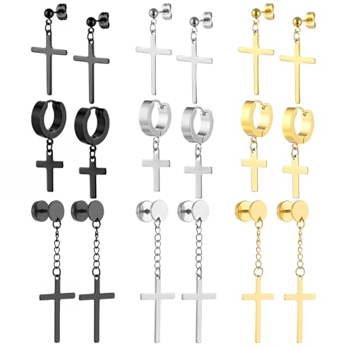 NEWITIN 9 Pairs Stainless Steel Cross Earrings for Men Hypoallergenic Earring Unisex Hoop Hinged Dangle Cross Earring Punk Earrings for Men Women