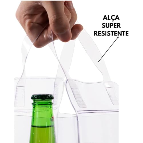 Kit com 03 Sacolas Para Bebidas Com Alça Resistente Coloque Gelo Pvc Transparente Armazena 1 Garrafa