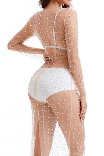 Willow Dance Women's Sheer Mesh Pearl Rhinestone Cover Up Beach Dress Swimwear Bikini Swimsuit Bathing Suit Coverups Nude L