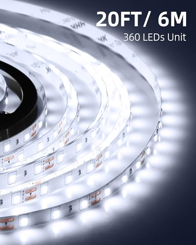 Image of 20ft LED Strip Lights with Remote, 6500K Daylight White Dimmable Tape Lights, 12V 360 LEDs 2835 Strong Adhesive Rope Lights for Cabinet Kitchen Ceiling Closet Vanity Mirror Stairway Basement