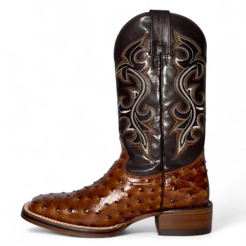 Men’s Genuine Leather Exotic Full Quill Ostrich Print Square Toe Cowboy Western Boots - Cognac4