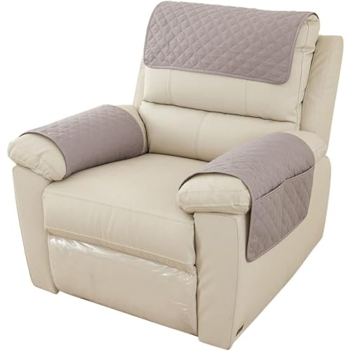 Qinaaiu ソファ用アームレストカバー 椅子アームカバー アームレストカバー付きリクライニングチェア用 滑り止め アームチェア スリップカバー 肘掛けカバー 肘/腕保護 洗える 小物を収納できる (ライトグレー,ポケット付きワンピース)