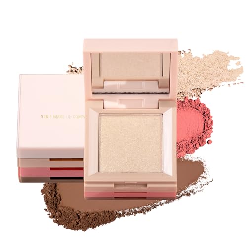 3 in 1 Contour Highlighter Blush Makeup Palette, Shimmer Matte 3 Colors Pigmented Brighten Highlighting Bronzer Blusher Eyeshadow Pallet, Long Lasting Shaping Full Face Eyes Makeup kit with Mirror