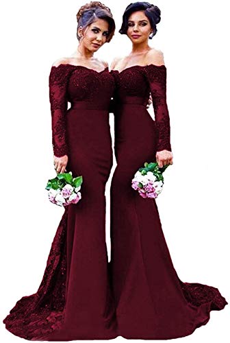 Fair Lady Burgundy Lace Prom Dress Mermaid Long Bridesmaid Dresses Off Shoulder Long Sleeve Wedding Evening Dress(Burgundy,16)