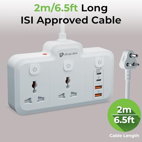 Image of UltraProlink 6 in 1 Surge Extension Board |Device Safety with ISI Approved Heavy Duty Cable-2m|6 Ports-2 Fast Charge Type-C(PD 20W)2 USB-A Ports & 2 AC Sockets|Overload Protection|Made in India|UM1272
