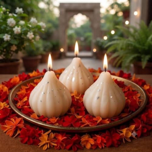 Image of Modak Candle - Scented Mithai Candle, Artistic Design | Ganesh Chaturthi Home Decoration Diwali Festive| Handcrafted Soy Wax Modak Diya Pack of 2