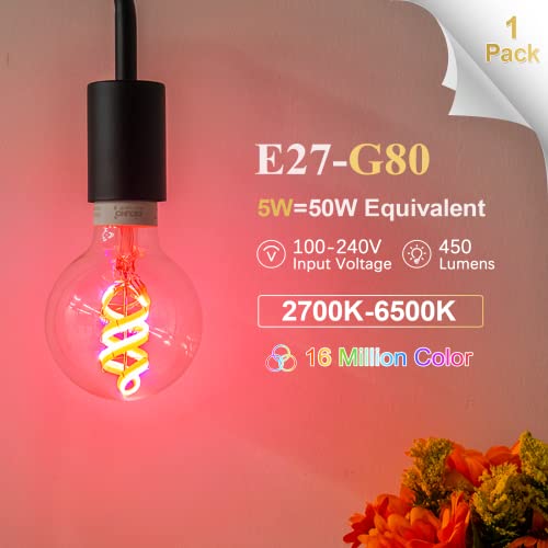 DiCUNO Smart Bulb Filament Giant Globe LED E27, 5W Dimmable Edison Screw E27 Light, 450LM, Squirrel Cage, 2700-6500K - Image 2