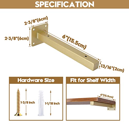 Addgrace Industrial Gold Floating Shelf Brackets Retro Wall Mounted Shelf Supports Includes Screws & Wall Anchors, Pack Of 4 Square (Gold) 6" #TOP3