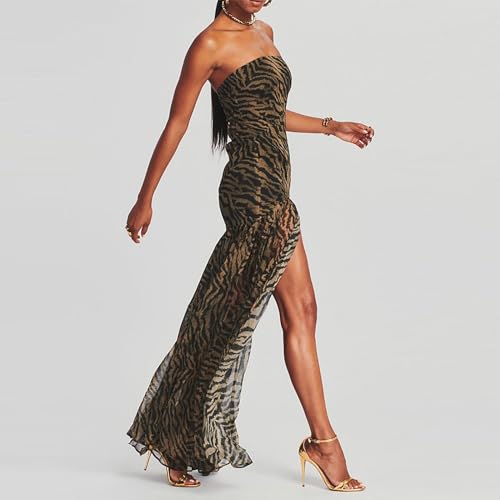 Women's Tube Top Dress Sexy High Slit Strapless Maxi Dress Flowy Sheer Mesh Patchwork Outfit Cocktail Party Clubwear2