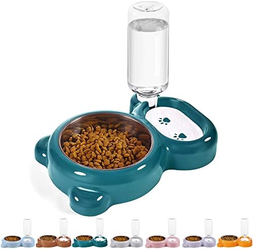 Azwraith Double Dog Cat Bowls, Pet Water and Food Bowl Set with Automatic Water Dispenser Bottle Detachable Stainless Steel Bowl for Small Dogs and Cats Kitten Puppy Rabbit Bunny - Green