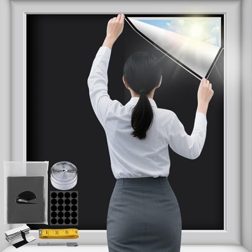 遮光シート 窓 遮光 布 マジックテープ付き 光漏れ防止 ガラス目隠しシート 420dオックスフォード 断熱シート 夏 UVカット 紫外線遮断 窓日よけシート 日差し・西日対策 防水 貼付簡単 浴室/風呂/寝室用 (1.45*1M)