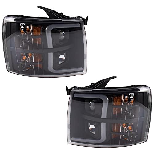 Image of TRQ 2 Piece Headlight Assembly Set Performance Halogen LED C Light Bar Black Bezel Driver & Passenger Side Compatible with Chevrolet Chevy Silverado 1500 2007-2013 2500 HD 3500 HD 2007-2014