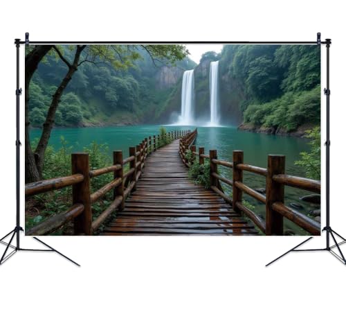 Forest Waterfall Backdrop Nature Photography Background Green Mountain Lake Wooden