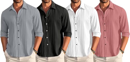 Image of FINIVO FASHION Combo of Men's Casual Cotton Plain Button Down Shirt Long Sleeve Textured Summer Beach Shirt for Men Pack of 4