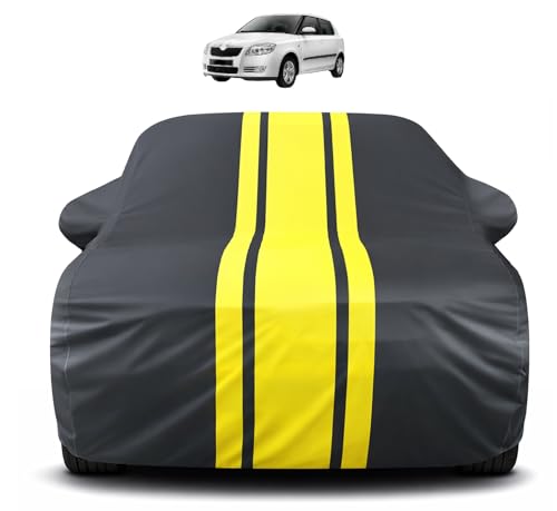 Image of Auto Hub Car Cover Compatible with Skoda Fabia with Antenna & Mirror Pocket, Soft Cotton Lining, Fabia Car Cover Waterproof - Yellow-Black