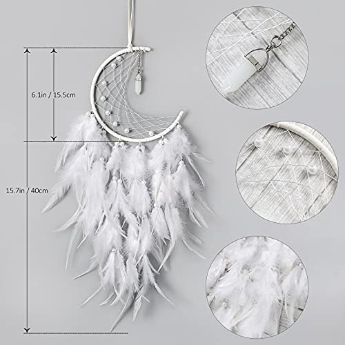 Dremisland Moon Dream Catcher with Fairy Lights Handmade White Turquoise Pendant Wall Hanging Ornament for Home Bedroom Wall Decoration Craft Gift (White)