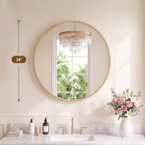 Image of NEWBULIG 24-Inch Round Wall Mirror, Bathroom Wall Circle Mirror with Metal Frame, Bathroom Decor for Entryway, Living Room, Vanity, Gold