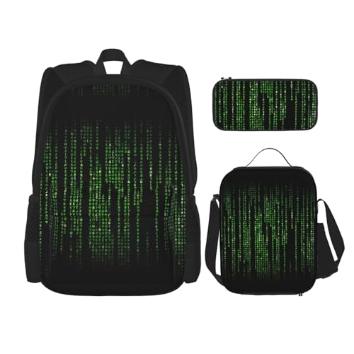 YHBLYKXP Green Number Binary print 3-Piece Casual Backpack Set (Backpack + Waist Bag + Small Pouch), Unisex Daypack