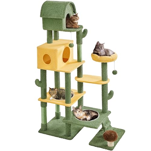 Yaheetech Kaktus Kratzbaum XXL deckenhoch, Oase-Thema Katzenbaum 104x48,5x174 cm, Stilvoller Kletterbaum für Mehreren Katzen, mit Katzenhäusern Raumkapseln Kratzstämmen, Grün-Gelb