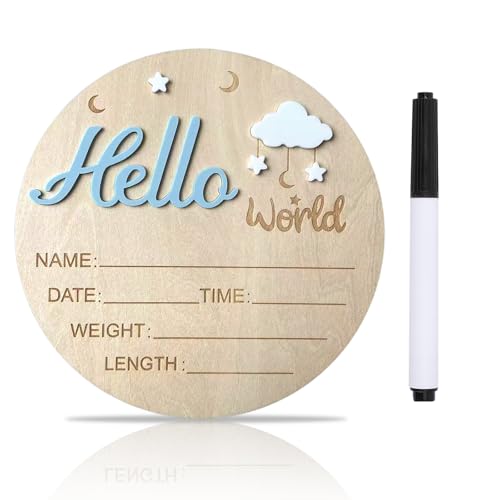 Image of Baby Announcement Sign, ​5.9 Inch Wooden Hello World Newborn Signs, Birth Announcement Sign, Cloud and Stars Decoration, Welcome Newborn Arrival To World, Hospital Nursery for Baby