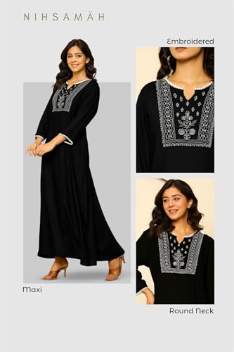 Image of NIHSAMAH Viscose Nighty for Women, Embroidered & Printed Stylish Night Gown, Long Sleeve Comfortable Sleepwear Long Nightwear, Maxi