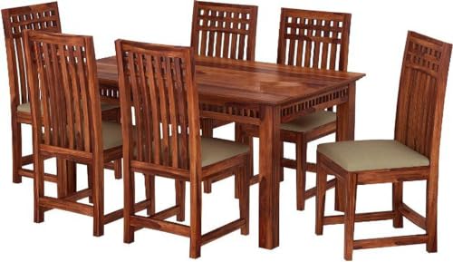 Image of Sheesham Wood 6 Seater Dining Table with Cushioned High Back Chairs for Living Room Home Dining Room Sets Furniture for Dinner Rooms (Honey Finish)