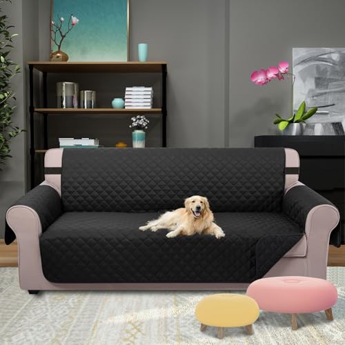 Image of U-NICE HOME Reversible Sofa Cover Couch Cover for Dogs with Elastic Straps Water Resistant Furniture Protector for Pets Couch Cover for 3 Cushion Couch (Sofa, Black /Black)