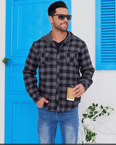 3 Pack Lightweight Hooded Flannel Shirt for Men Casual Button Down Plaid Shirt Long Sleeve Fashion Hooded with Pocket3
