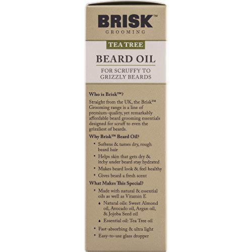 Brisk Grooming Tea Tree Beard Oil, Fast-Absorbing Blend Of Natural & Essential Oils Softens & Tames For A Beard That Looks & Feels Healthy Not Greasy, 1.7 Ounce Bottle W/Dropper #TOP4